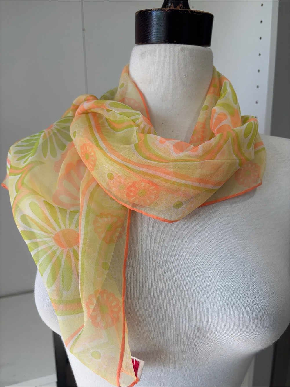 Sheer Floral Pattern Scarf in Peach & Lime - Lightweight Wrap